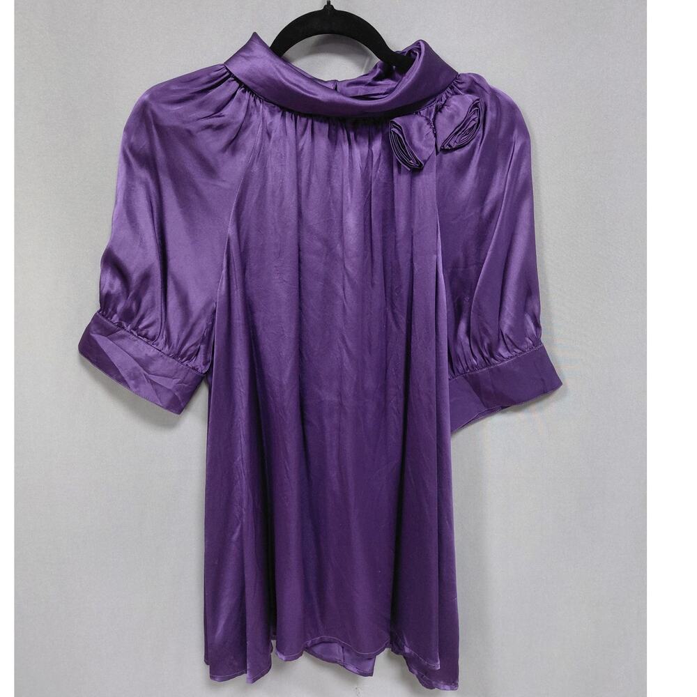 CC Couture C0012 Silk Purple Blouse Solid Short Sleeve Women Size L